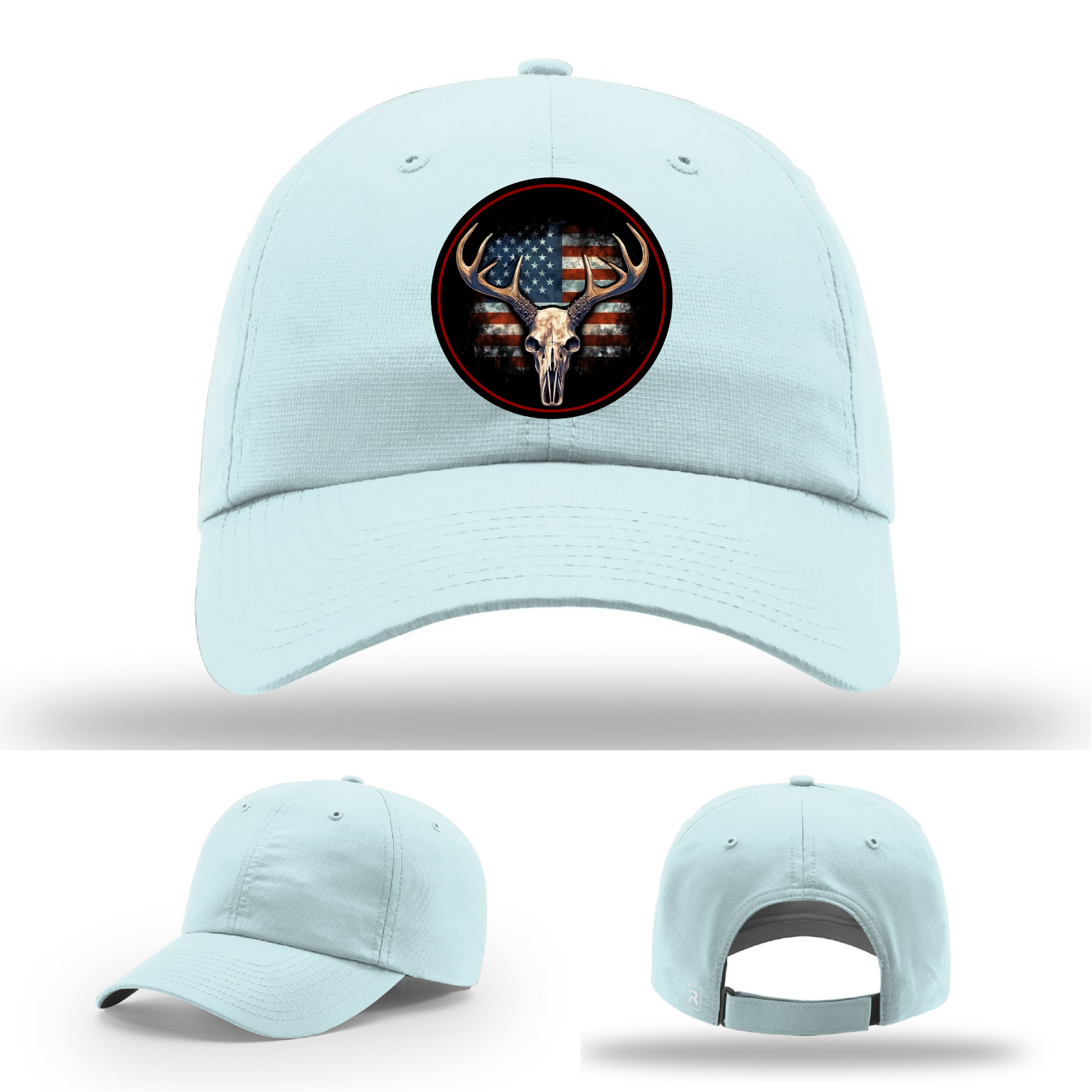 Deer hunting leather logo patch variants – shown on Richardson USA hats