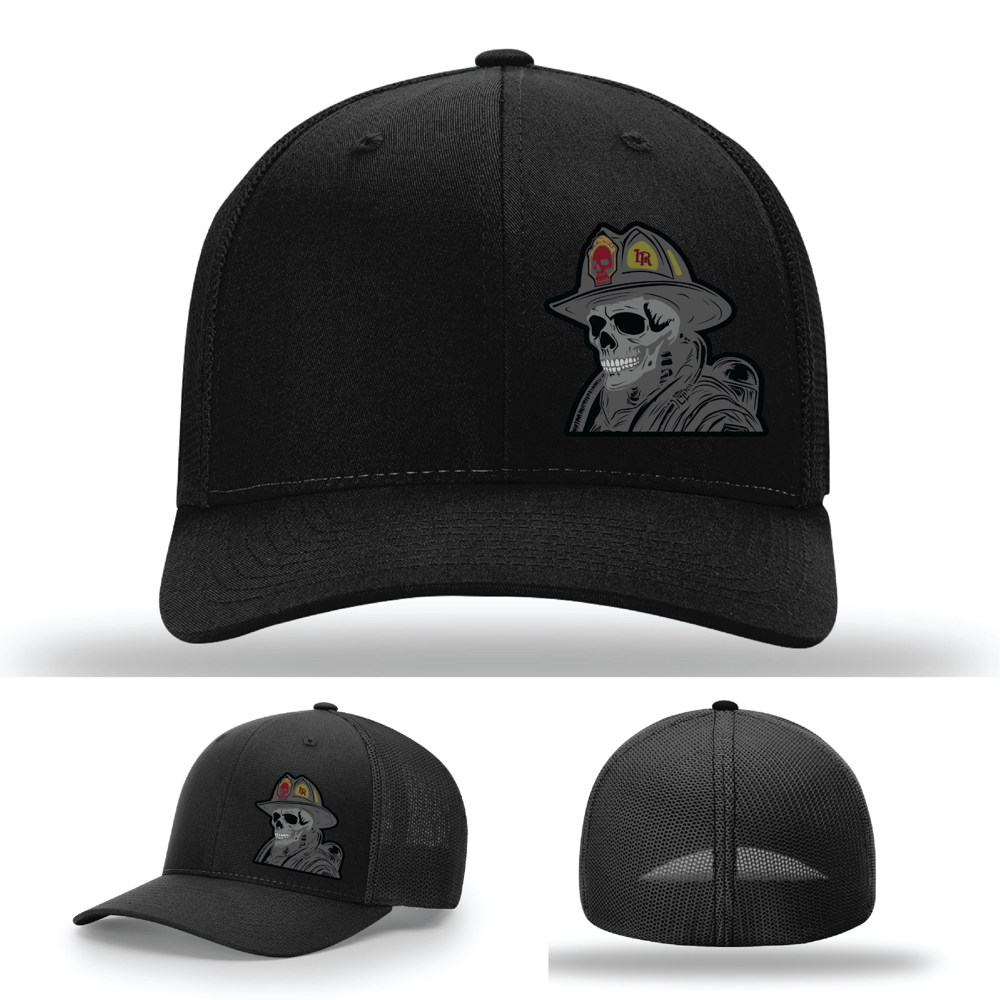 Firefighter skull patch variants – leather hat logos with custom helmet artwork on Richardson styles