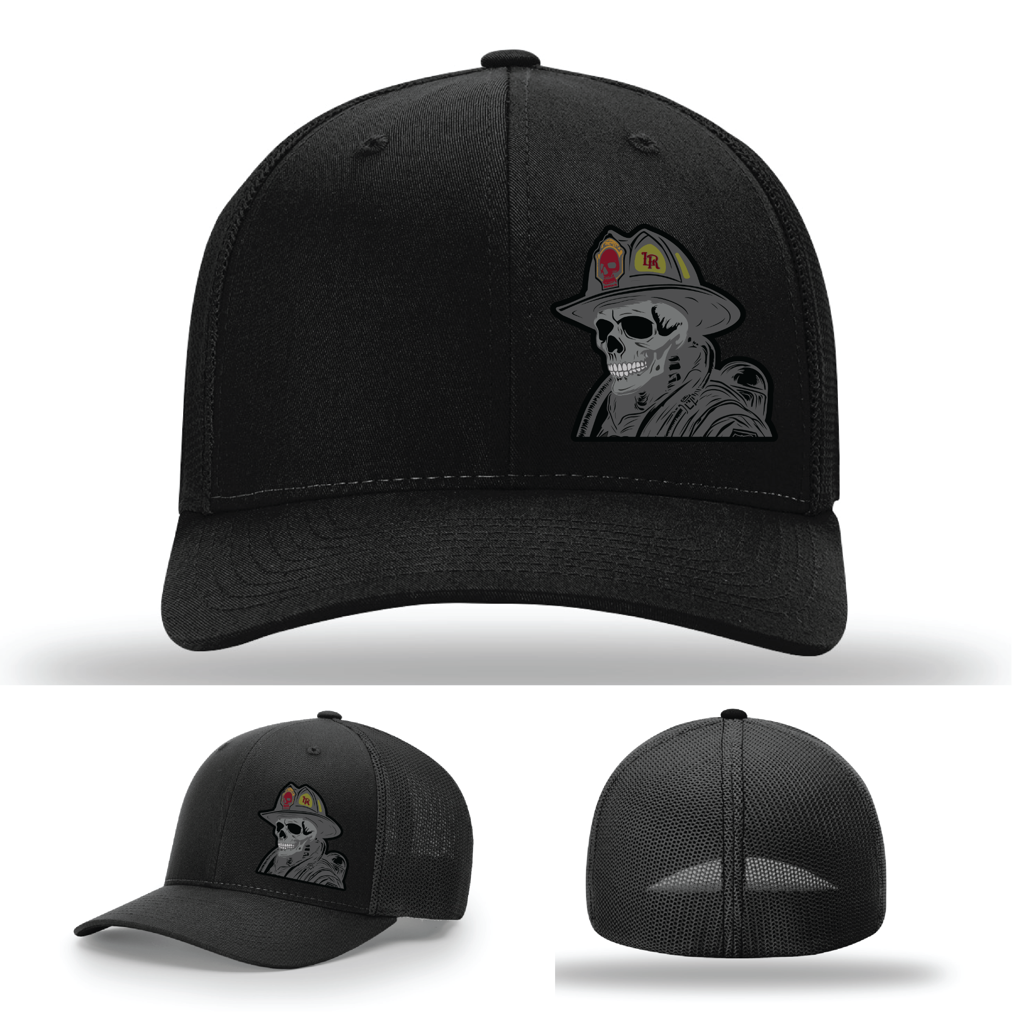 Firefighter skull patch variants – leather hat logos with custom helmet artwork on Richardson styles