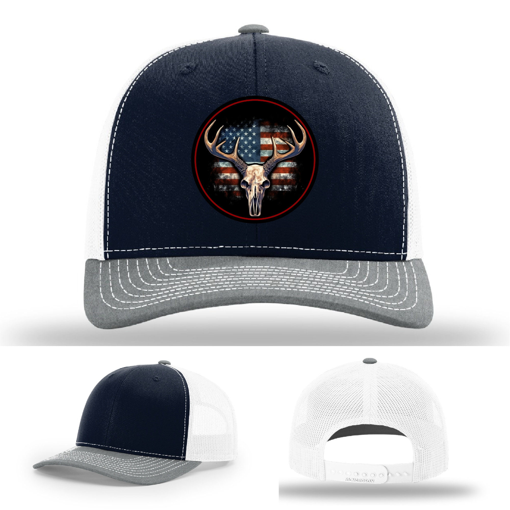 Hunting leather patch logo variations – American deer skull themes on Richardson hats