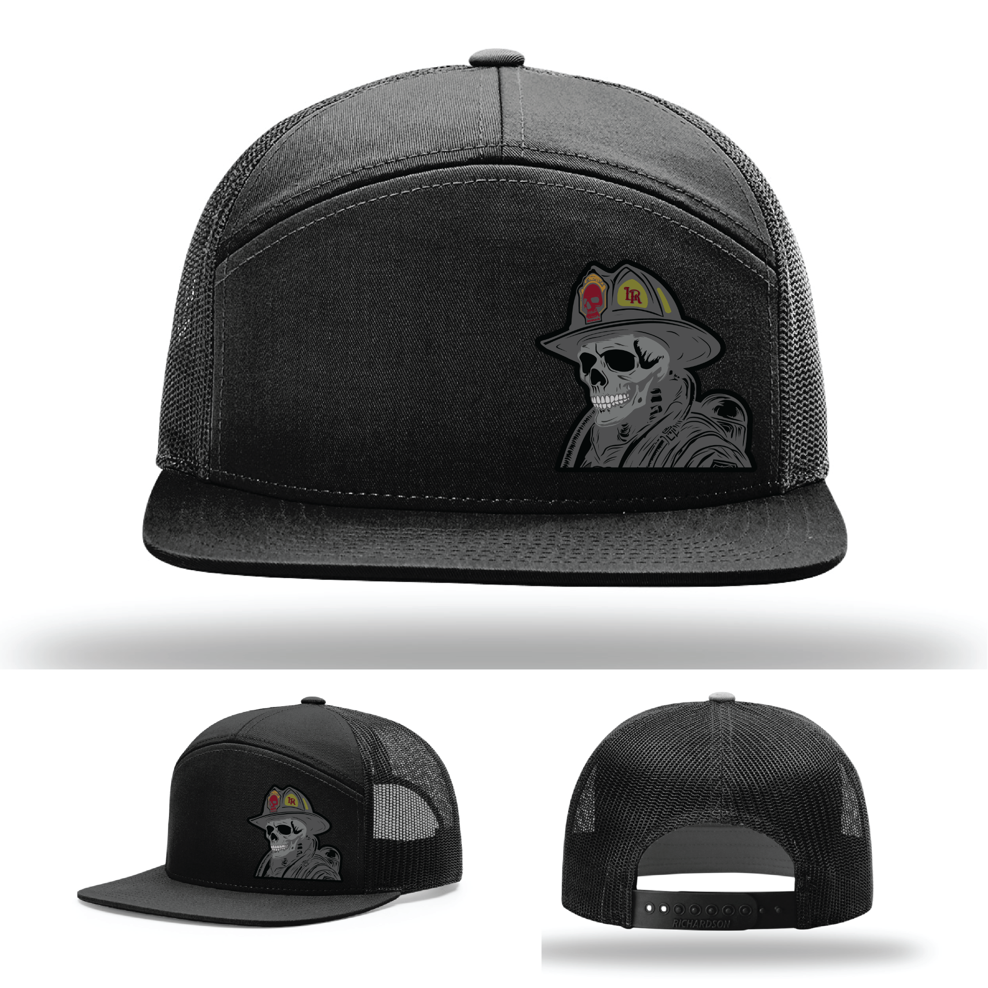 Grim firefighter logo variants – skeleton helmet patch designs on Richardson leather patch hats