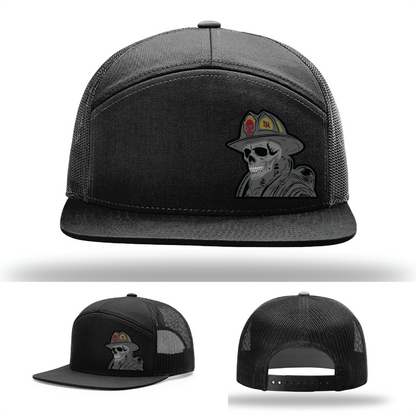 Grim firefighter logo variants – skeleton helmet patch designs on Richardson leather patch hats