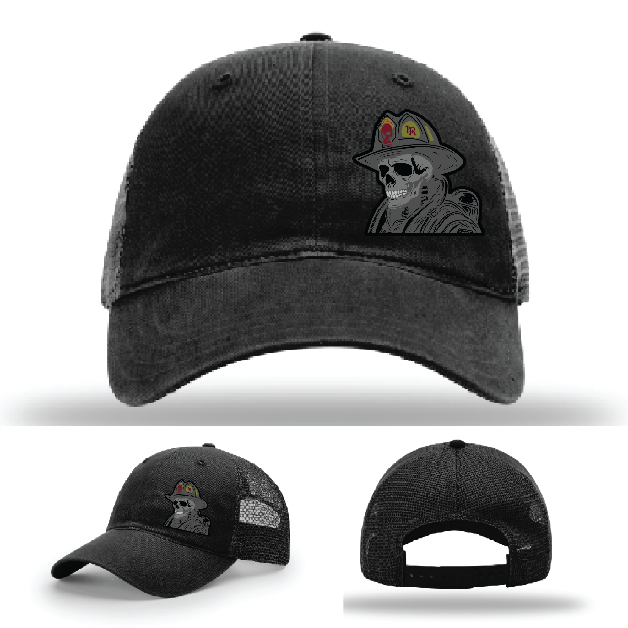 Skull fire helmet patch variations – displayed on multiple firefighter Richardson hats