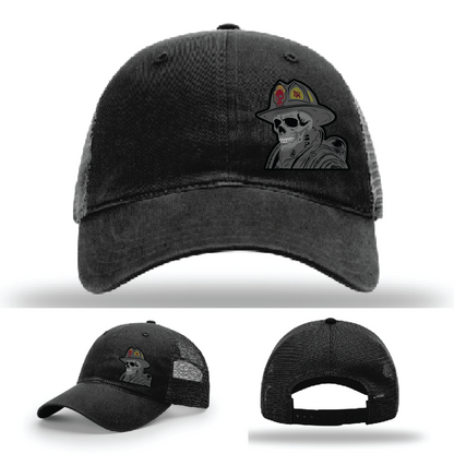 Skull fire helmet patch variations – displayed on multiple firefighter Richardson hats