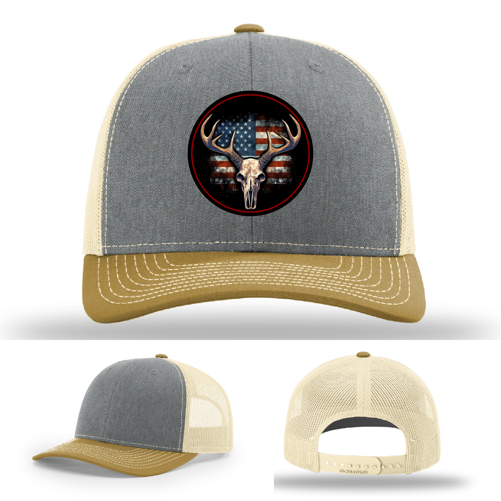 USA flag deer skull leather patch hats – hunting variants on Richardson hats