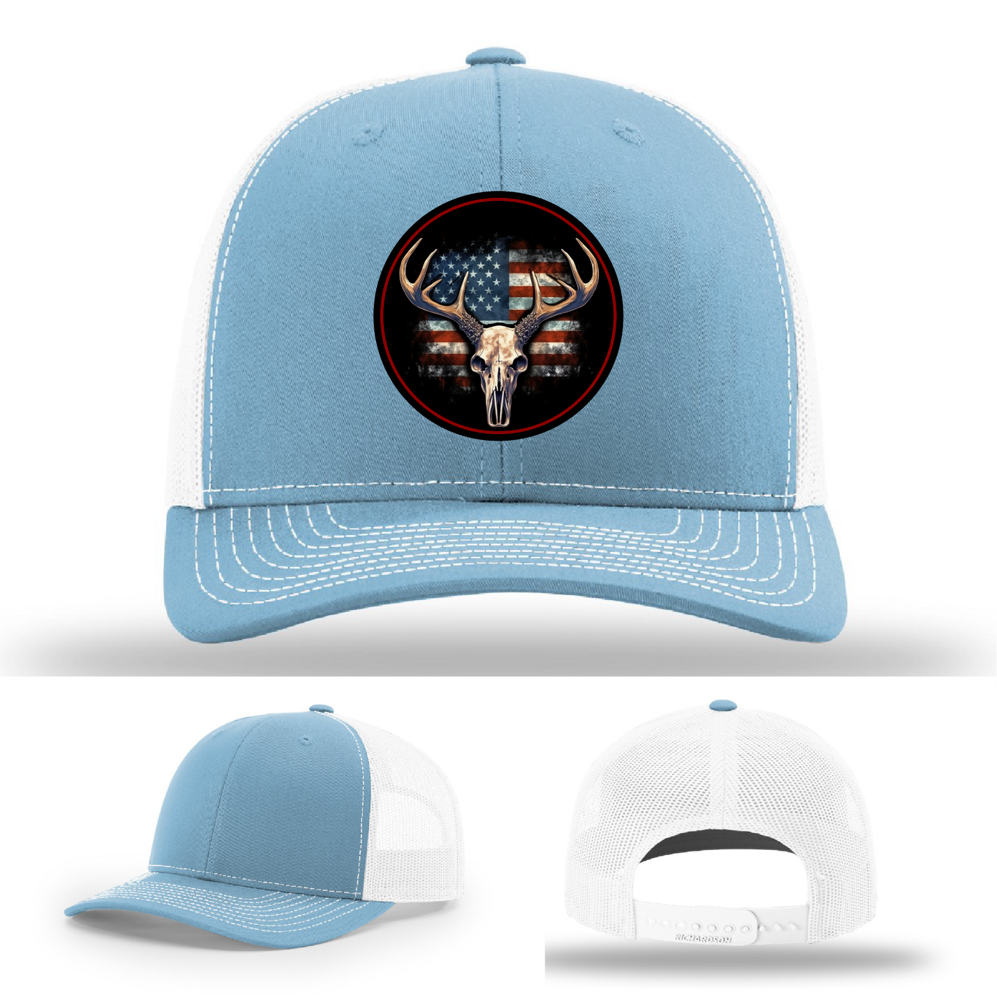 Patriotic hunting patch options – leather deer skull logos on Richardson brand hats