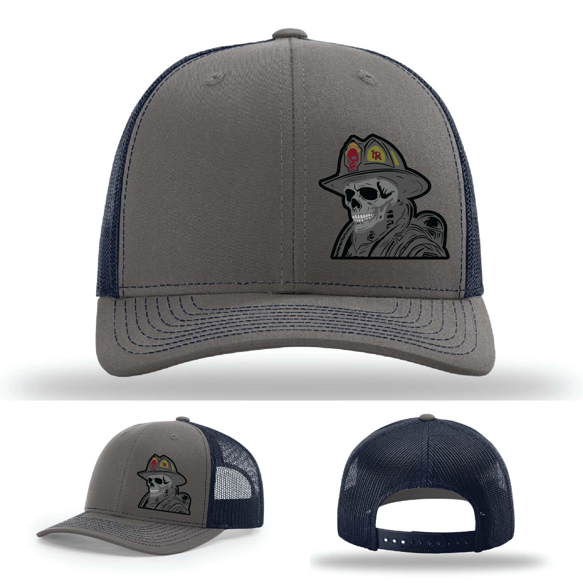 Firefighter patch variants – skull helmet leather designs on Richardson hats