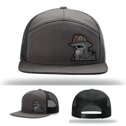 Firefighter logo patch options – leather skull helmet designs on Richardson hats
