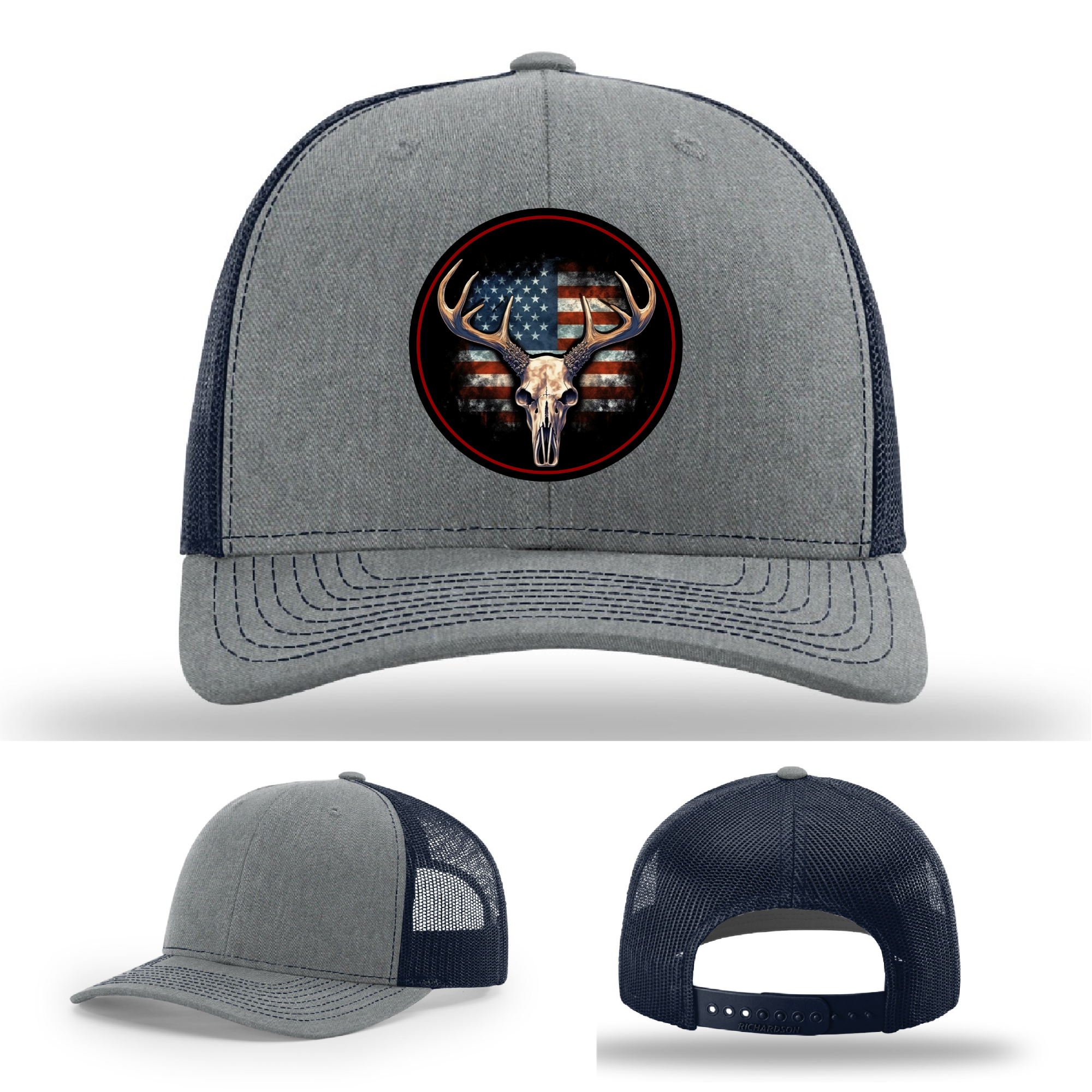 American buck skull patch designs – leather logos on hunting Richardson hats