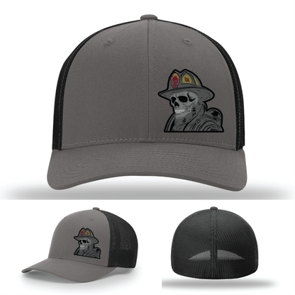 Firefighter skeleton headgear patch styles – shown on Richardson leather hats