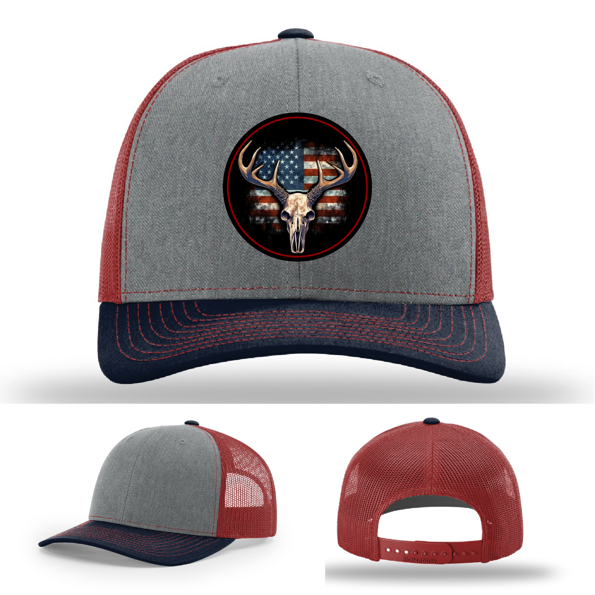 Richardson hunting hat variants – leather deer skull USA flag patch styles