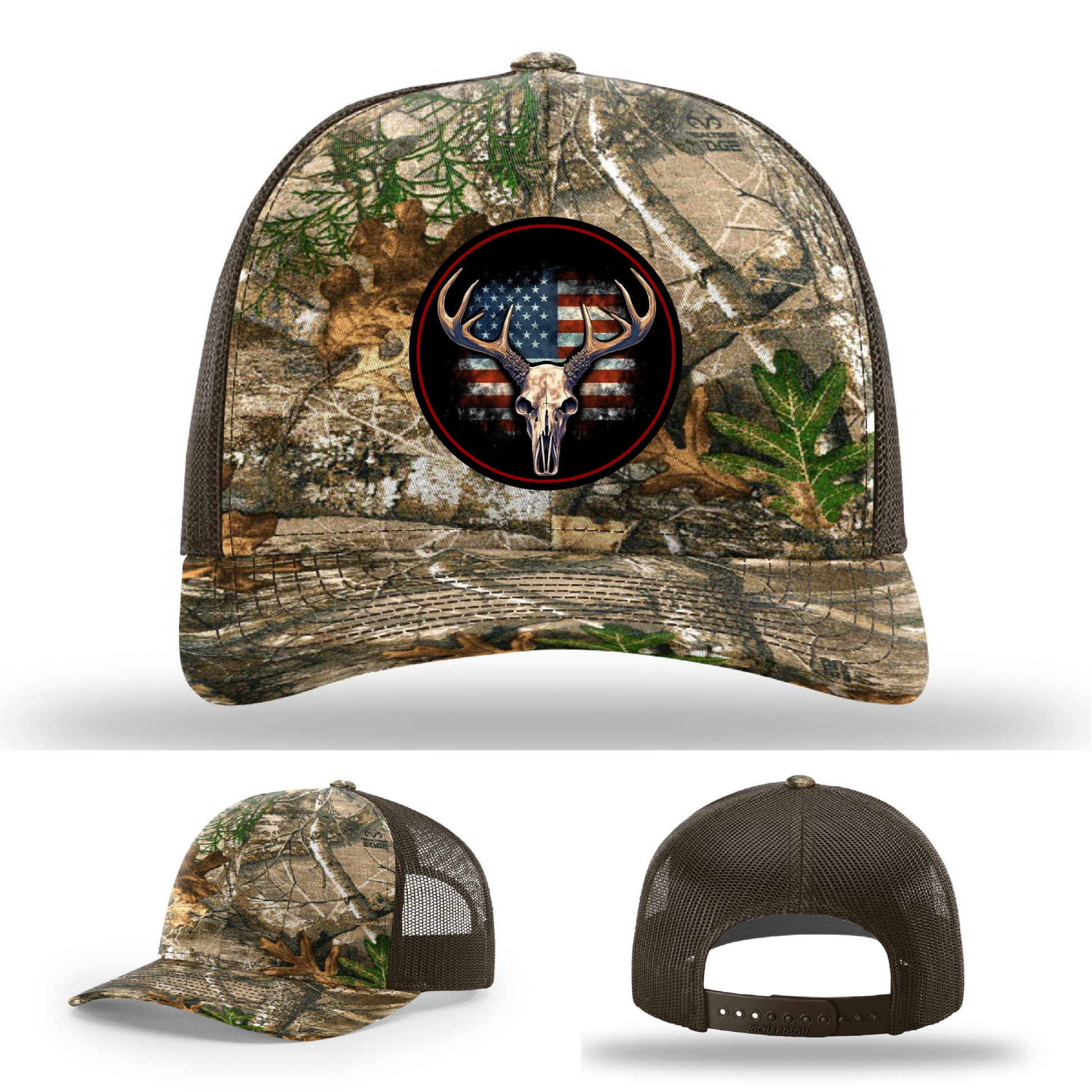 Leather patch hunting hat logos – multiple buck skull designs on Richardson hats
