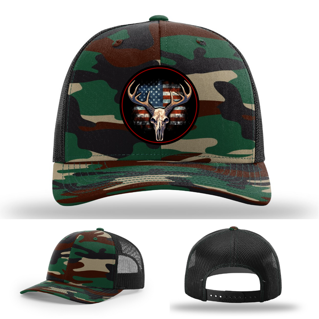 Deer hunting leather logo patch variants – shown on Richardson USA hats