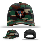 Deer hunting leather logo patch variants – shown on Richardson USA hats
