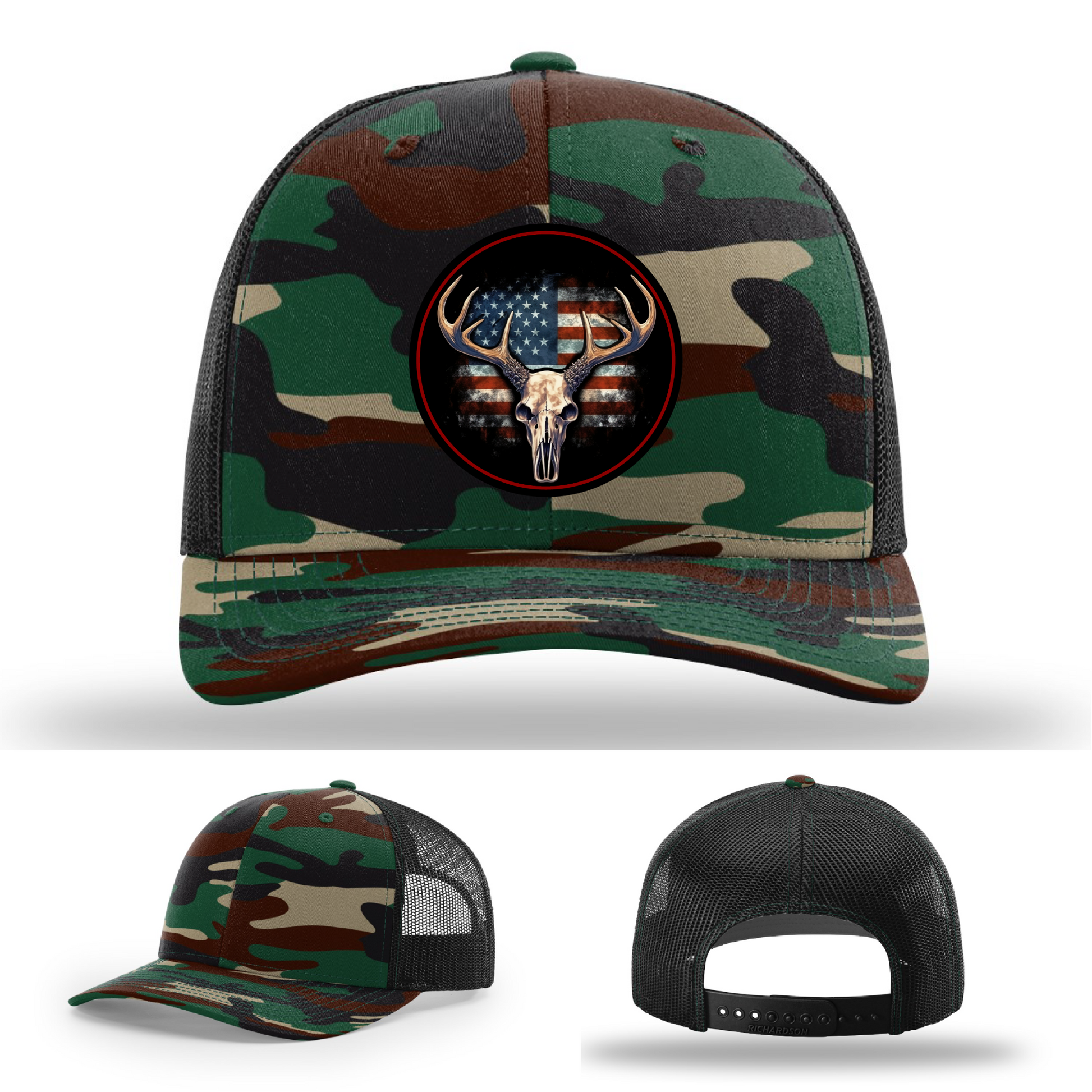 Deer hunting leather logo patch variants – shown on Richardson USA hats