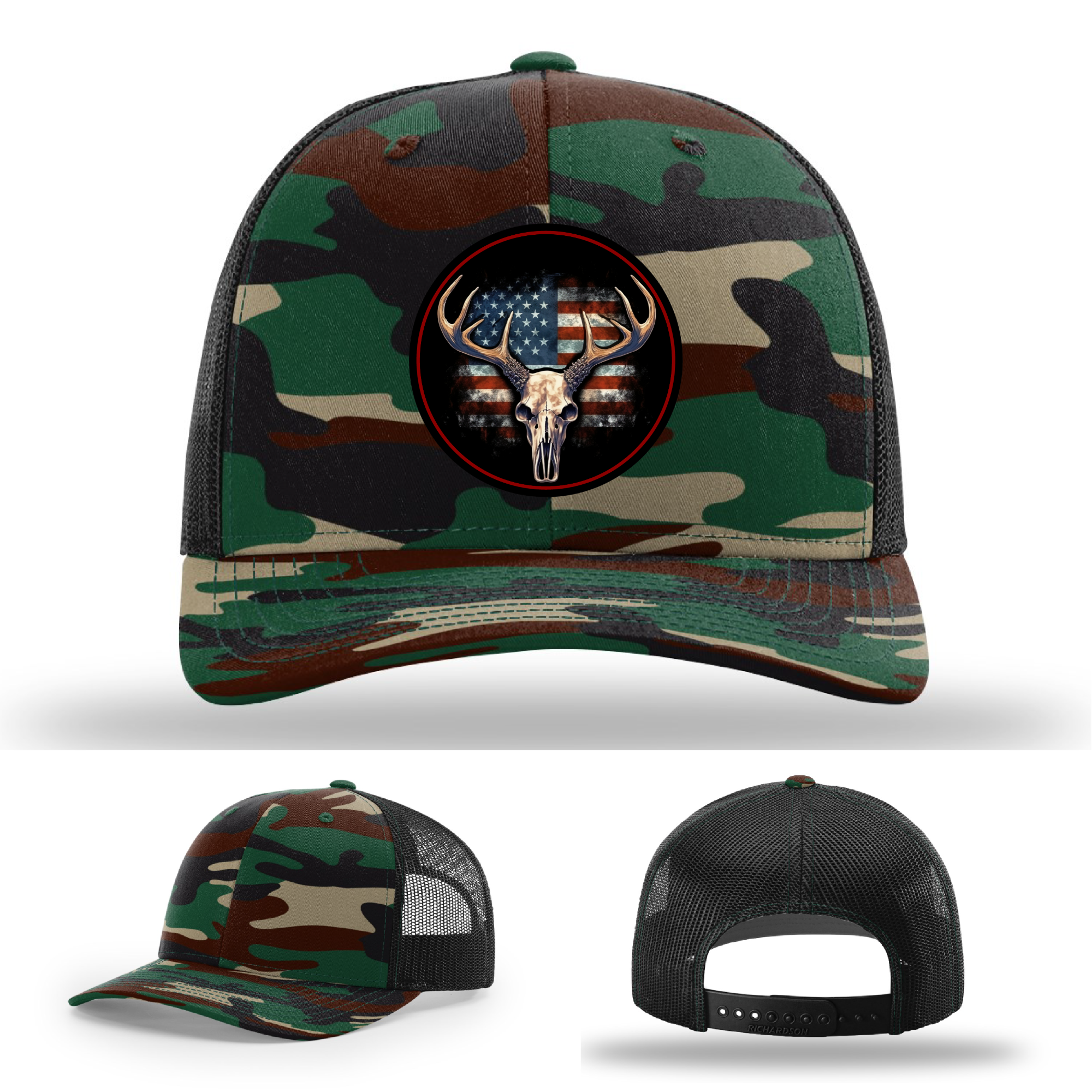 Deer hunting leather logo patch variants – shown on Richardson USA hats