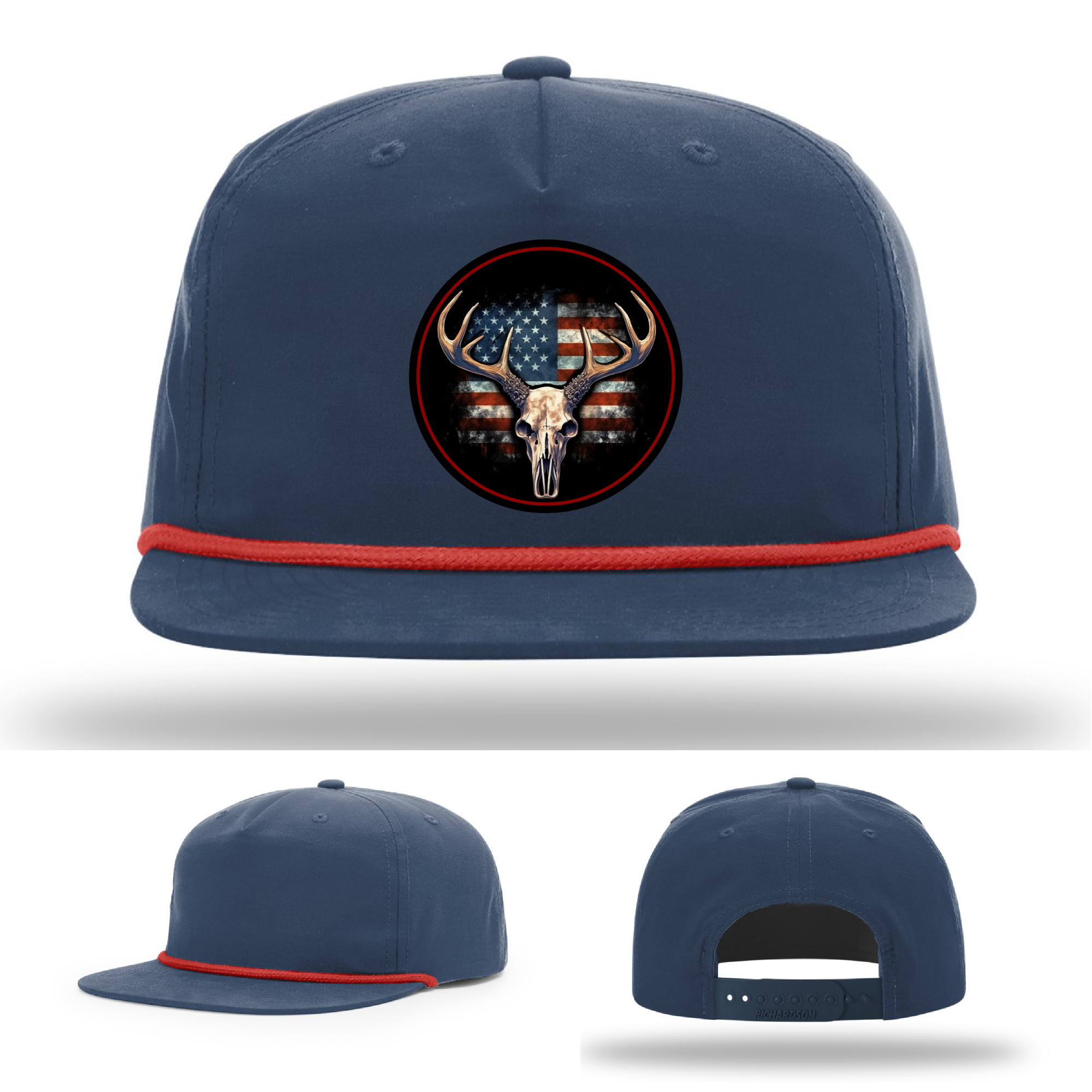 Hunting deer skull leather patch variants – USA themed logos on Richardson hats