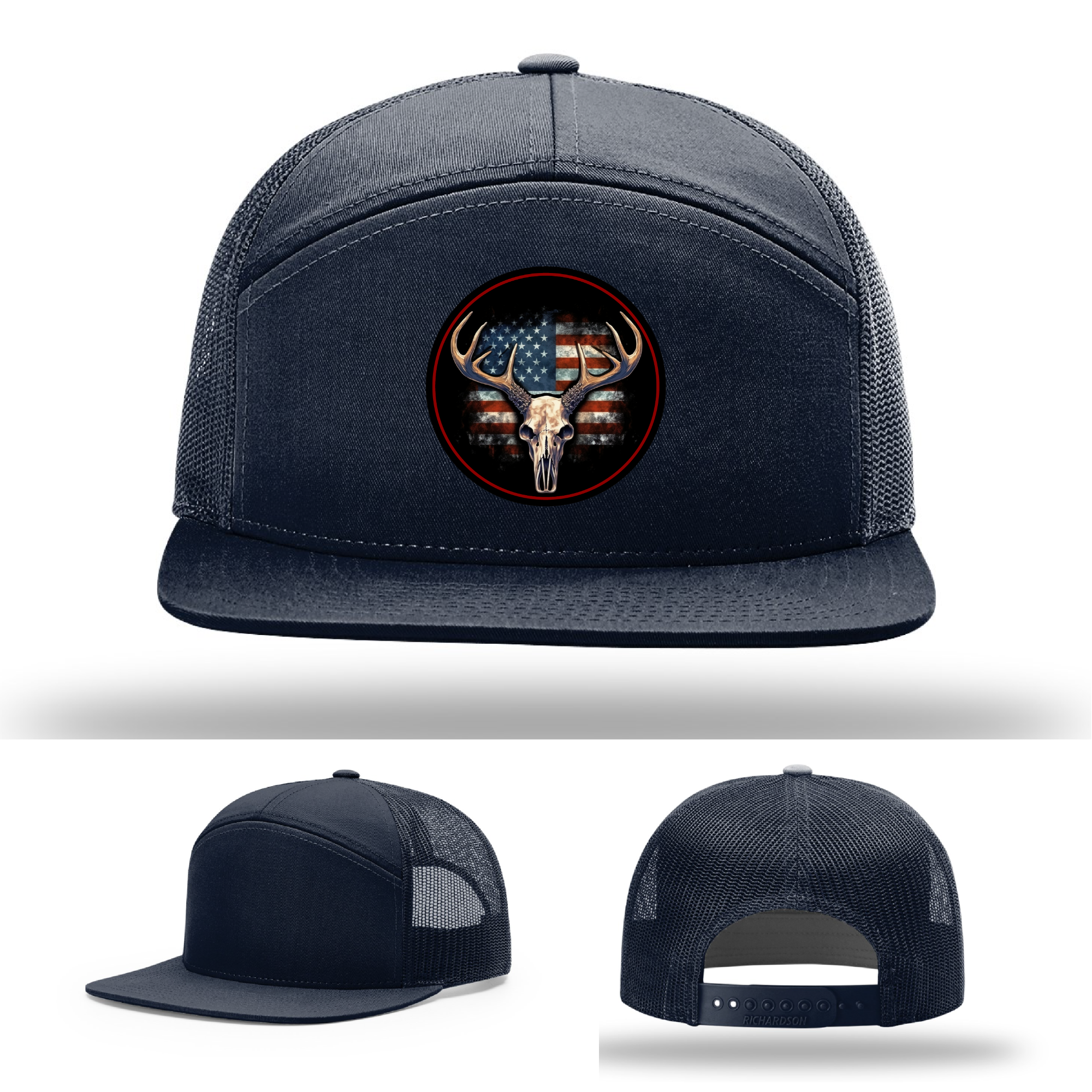 Buck skull leather logo options – hunting patches on patriotic Richardson hats