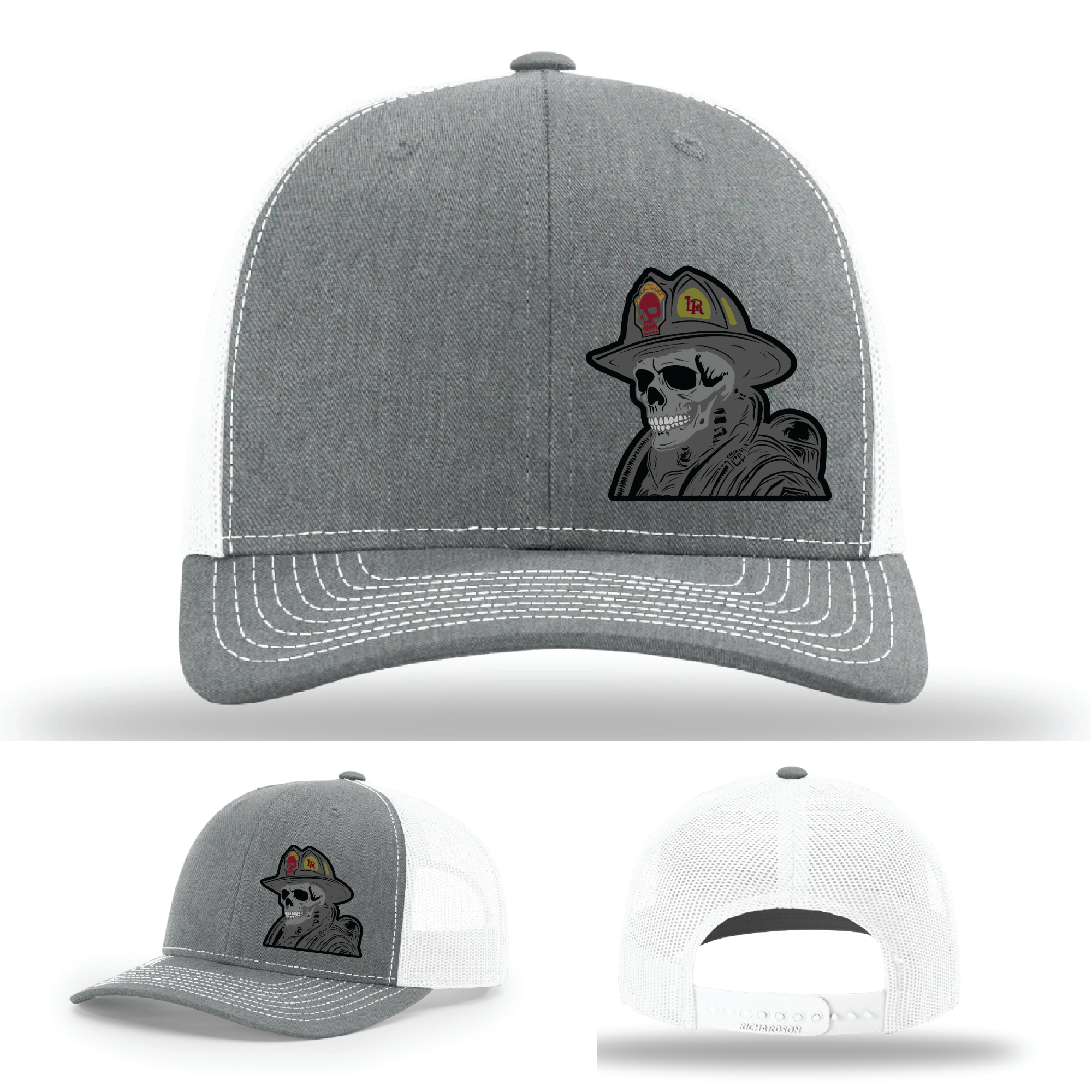 Custom firefighter skull logo patches – shown on leather Richardson hat variants