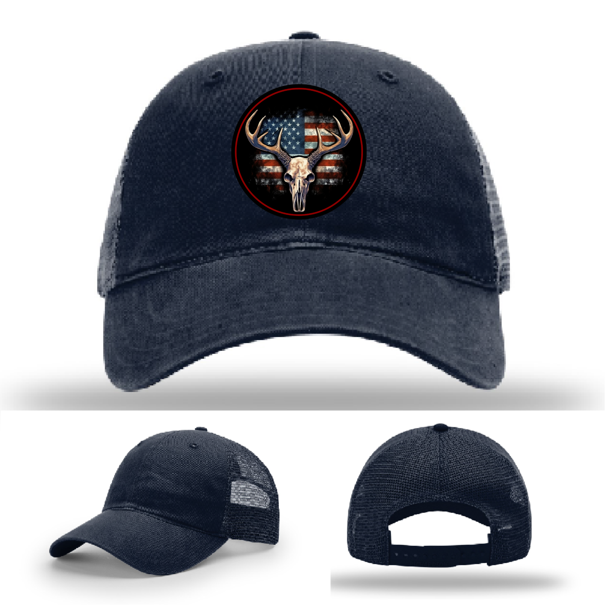 USA-themed deer skull patches – hunting leather logos on Richardson hat variants
