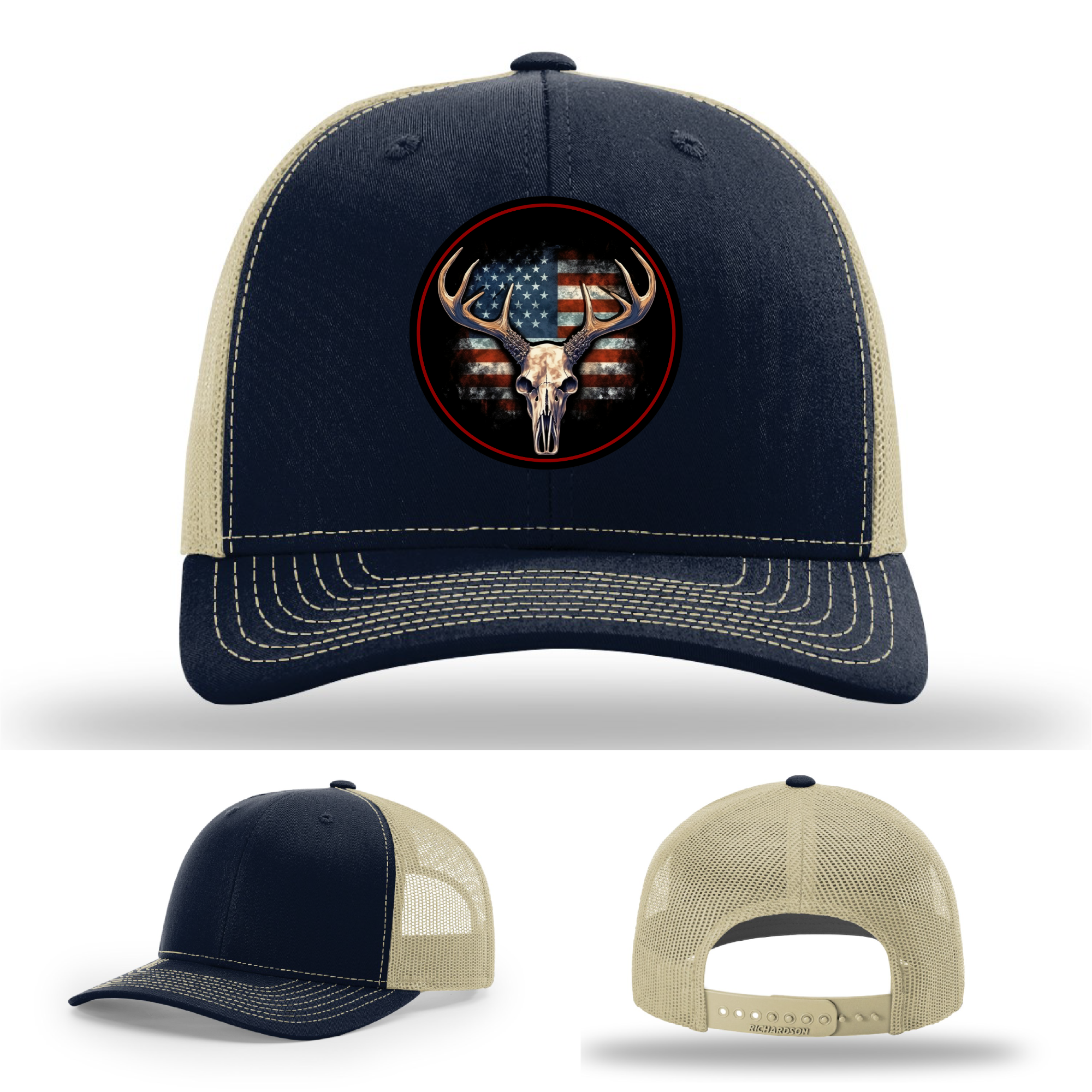 Leather patch variants – USA buck skull logos on Richardson hunting hats