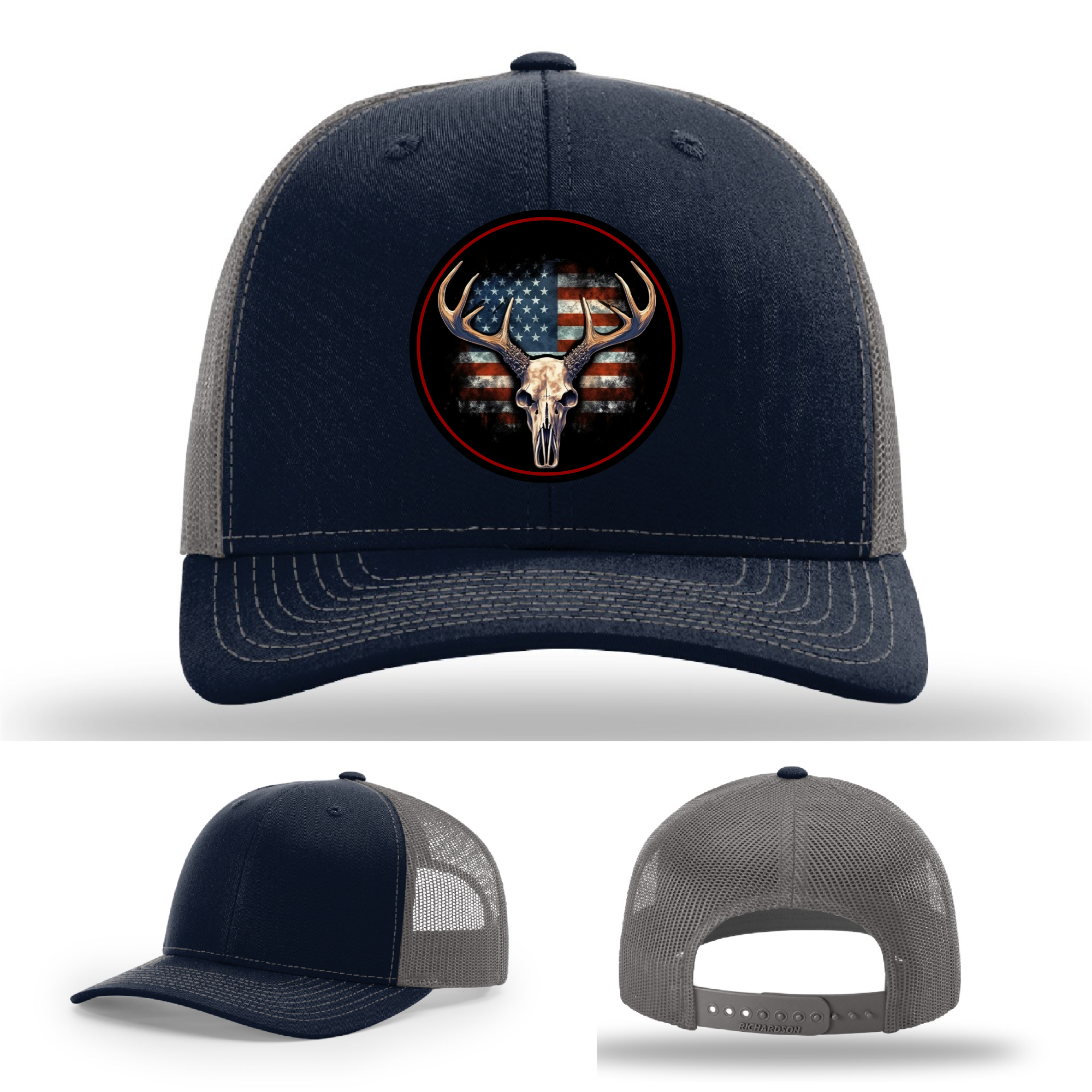 USA flag patch designs – deer skull hunting logos on leather Richardson hats