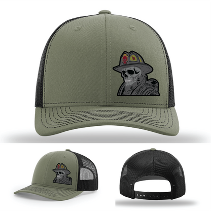 Leather skull patch logos – firefighter helmet themes on Richardson hats