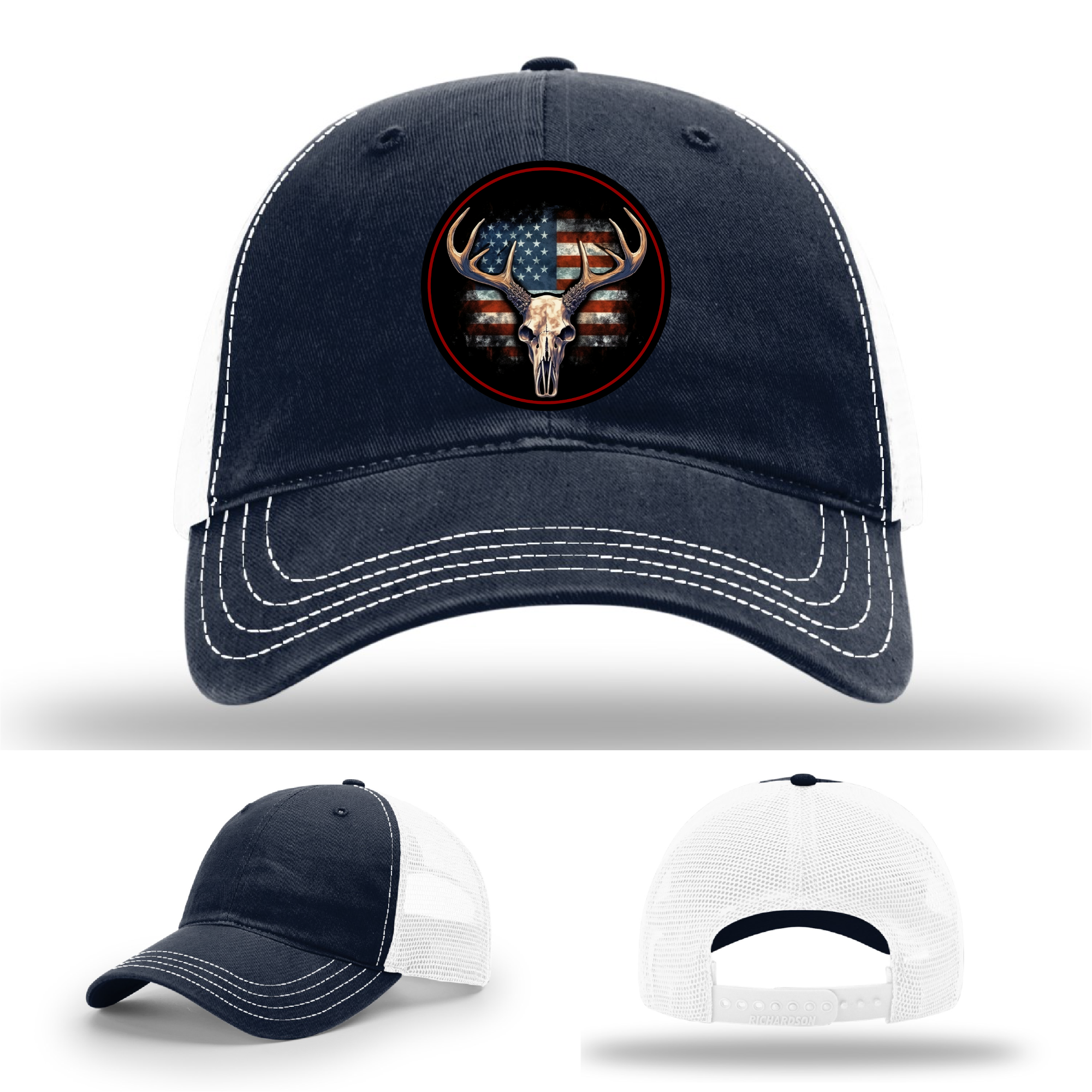 Deer hunting logo variations – leather patch USA themes on Richardson brand hats