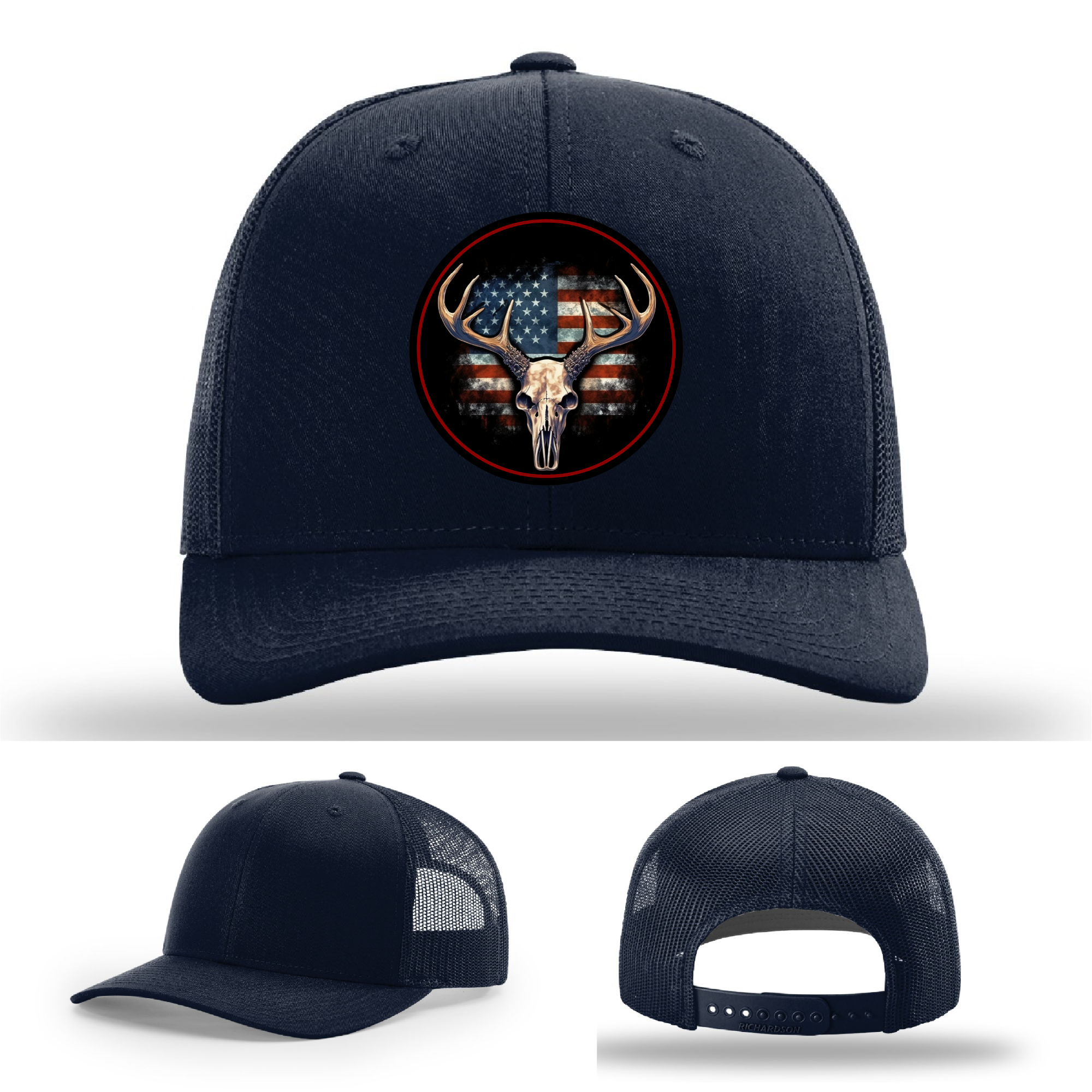 Leather patch hat variants – patriotic hunting designs with deer skull logos