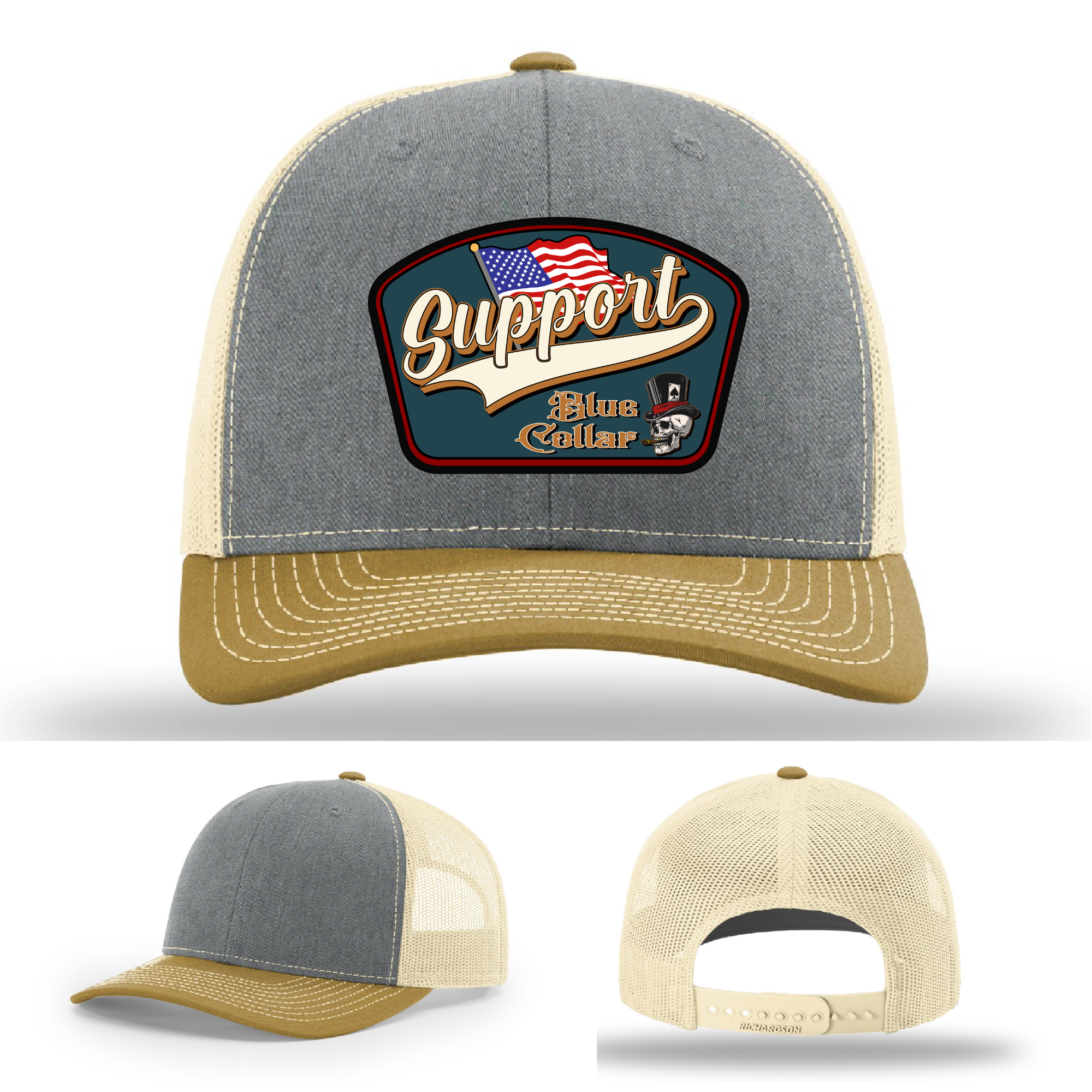 Richardson leather patch hat with 'Support Blue Collar' American flag design
