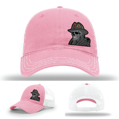 Fire helmet patch styles – skull logo leather variants on Richardson hats