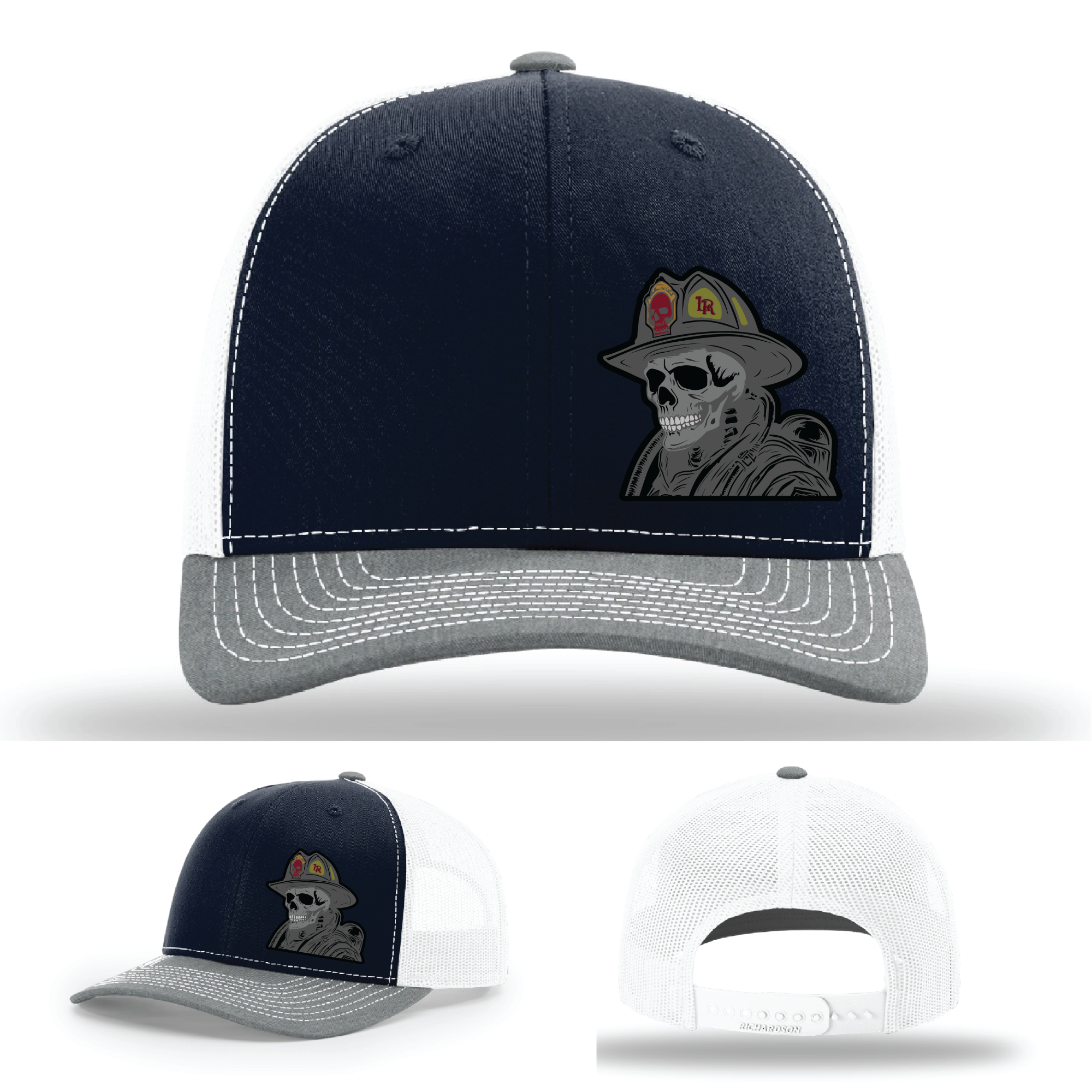 Skull helmet firefighter patch variants – shown on Richardson leather hats