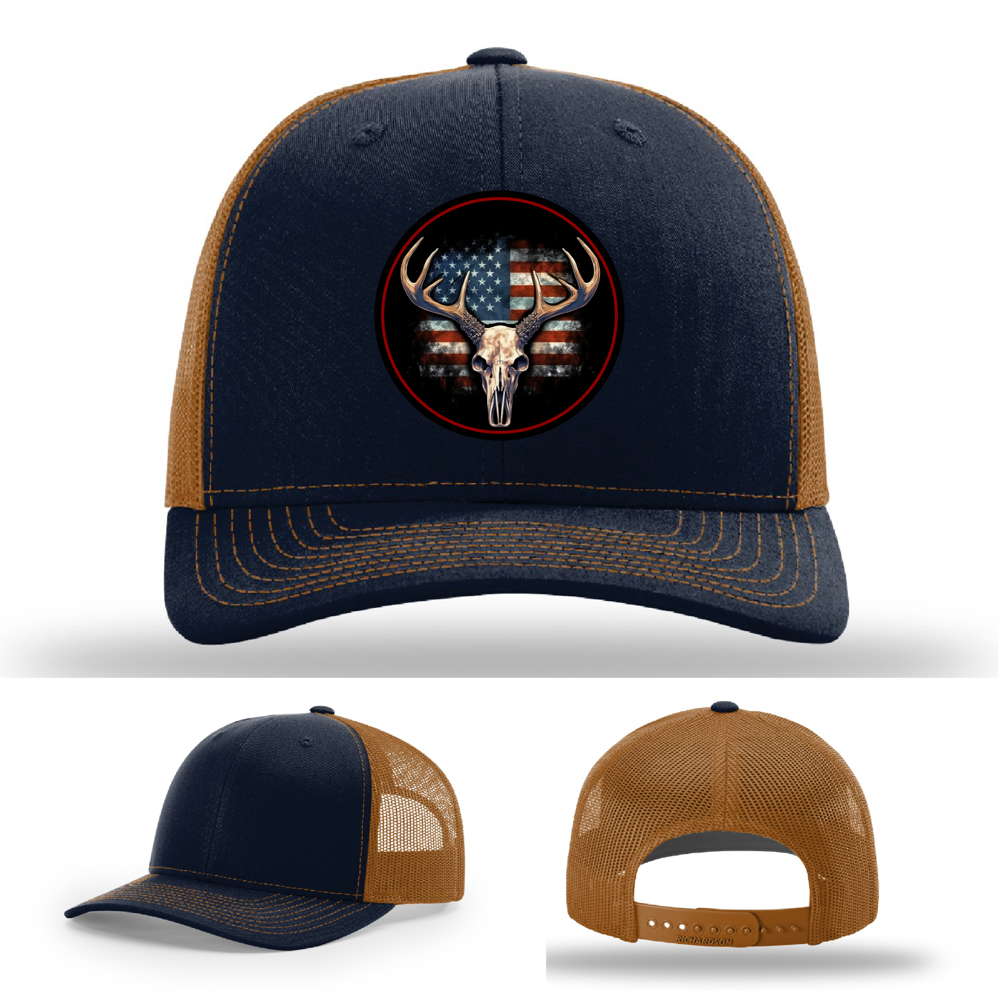 Patriotic leather deer skull logo options – hunting themes on Richardson hats