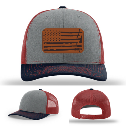 Leather patch firefighter hat – Richardson hat with fire tool American flag design