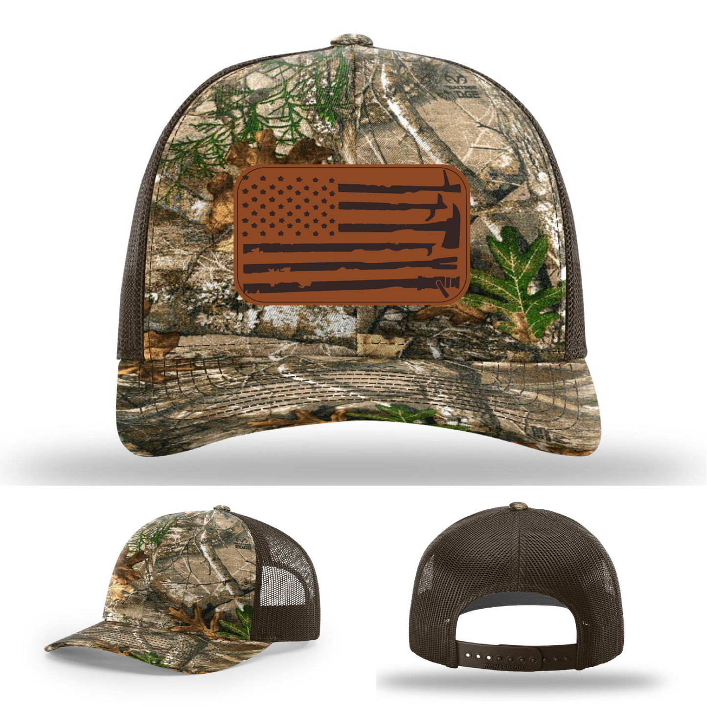 Leather patch firefighter hat – Richardson cap with fire tool American flag design