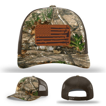 Leather patch firefighter hat – Richardson cap with fire tool American flag design
