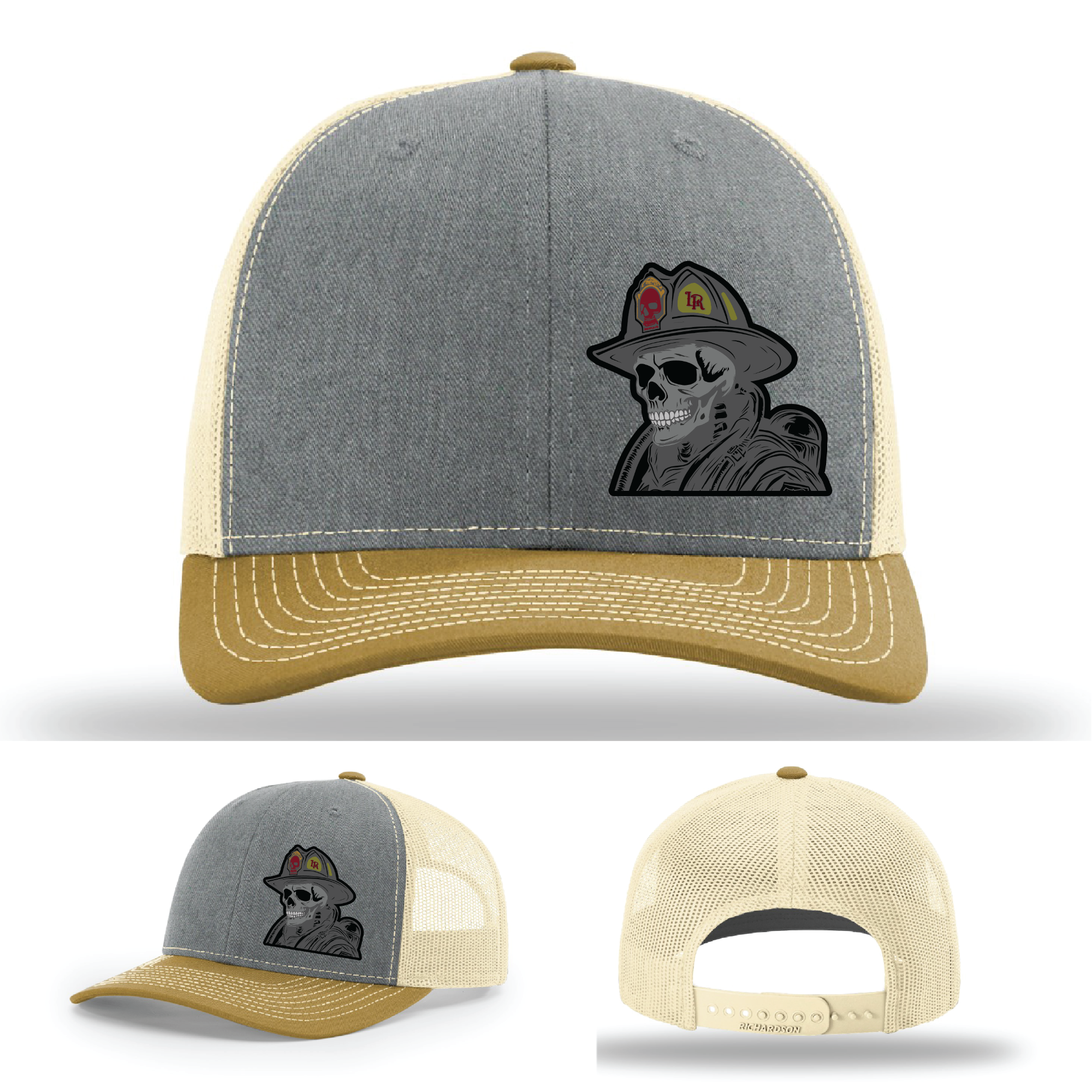 Firefighter leather patch logo variants – skull helmet style on Richardson