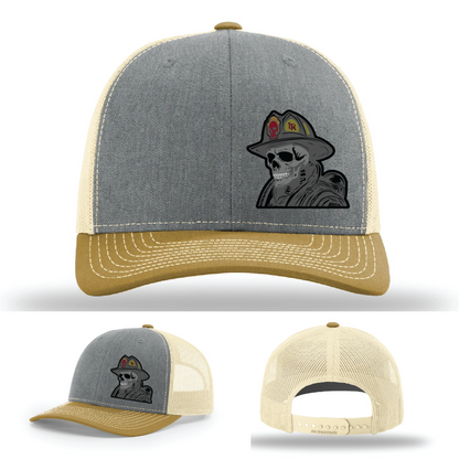 Firefighter leather patch logo variants – skull helmet style on Richardson