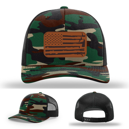 Leather patch firefighter hat – Richardson cap with fire tool American flag design