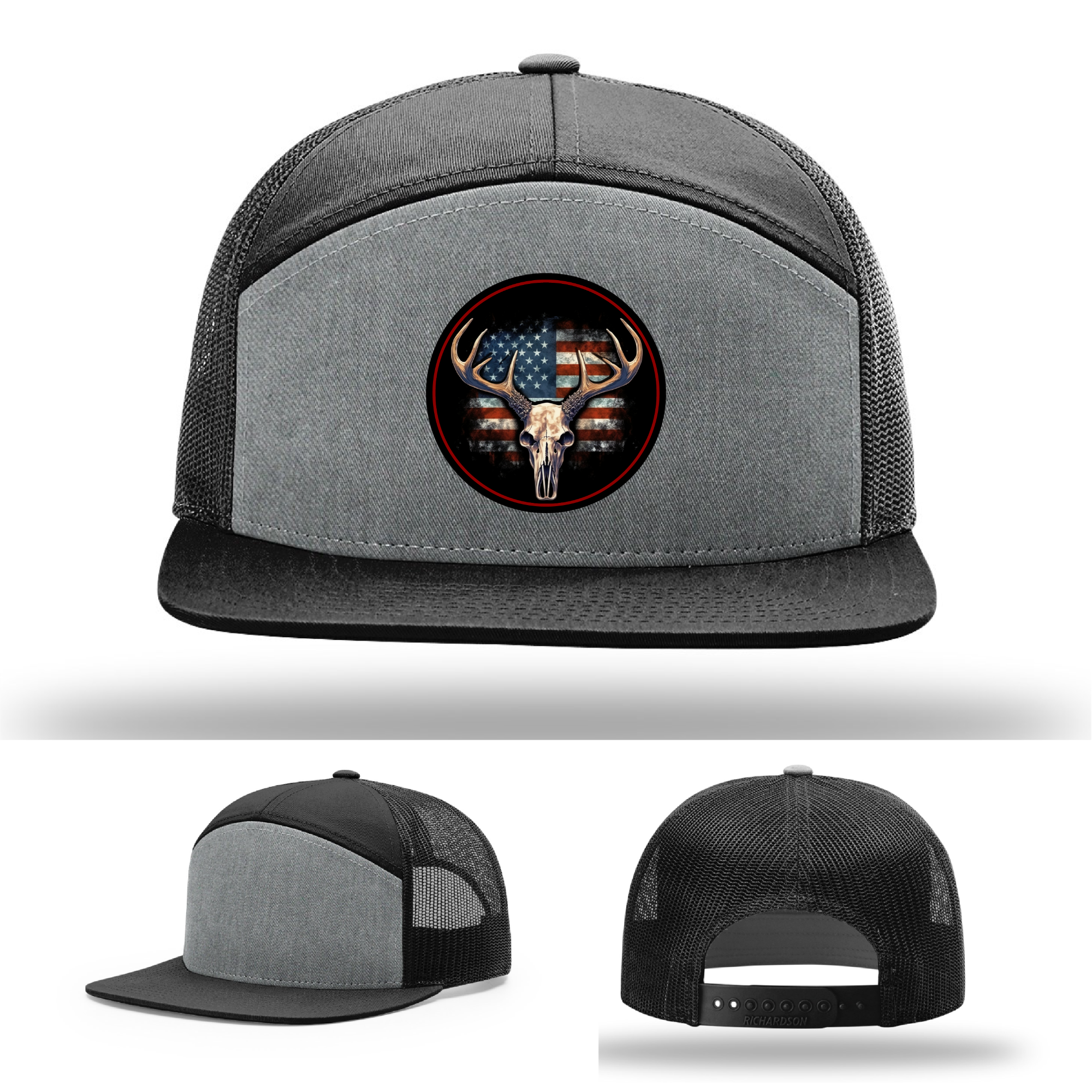 Leather patch logo variations – patriotic deer skull designs on hunting hats