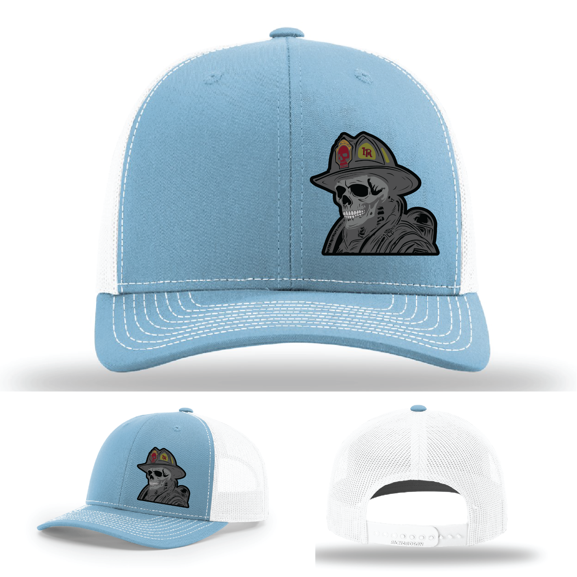 Leather firefighter skull designs – helmet patch variants on Richardson hats