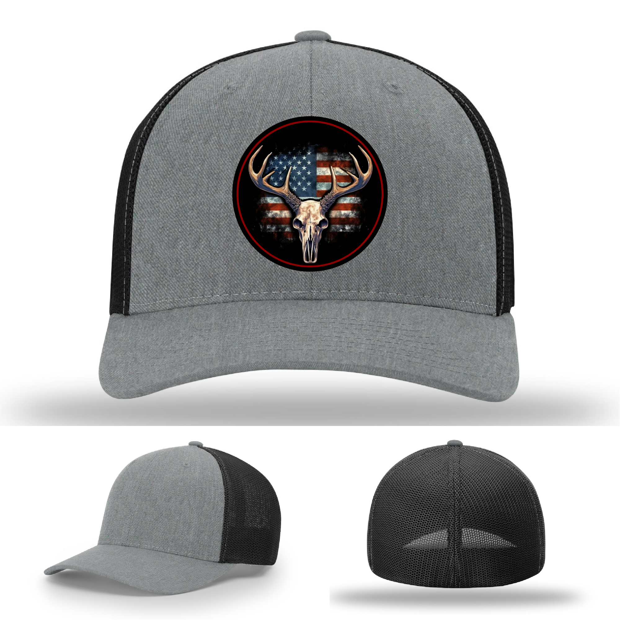 Buck skull USA patch variants – leather hunting logos on Richardson hats