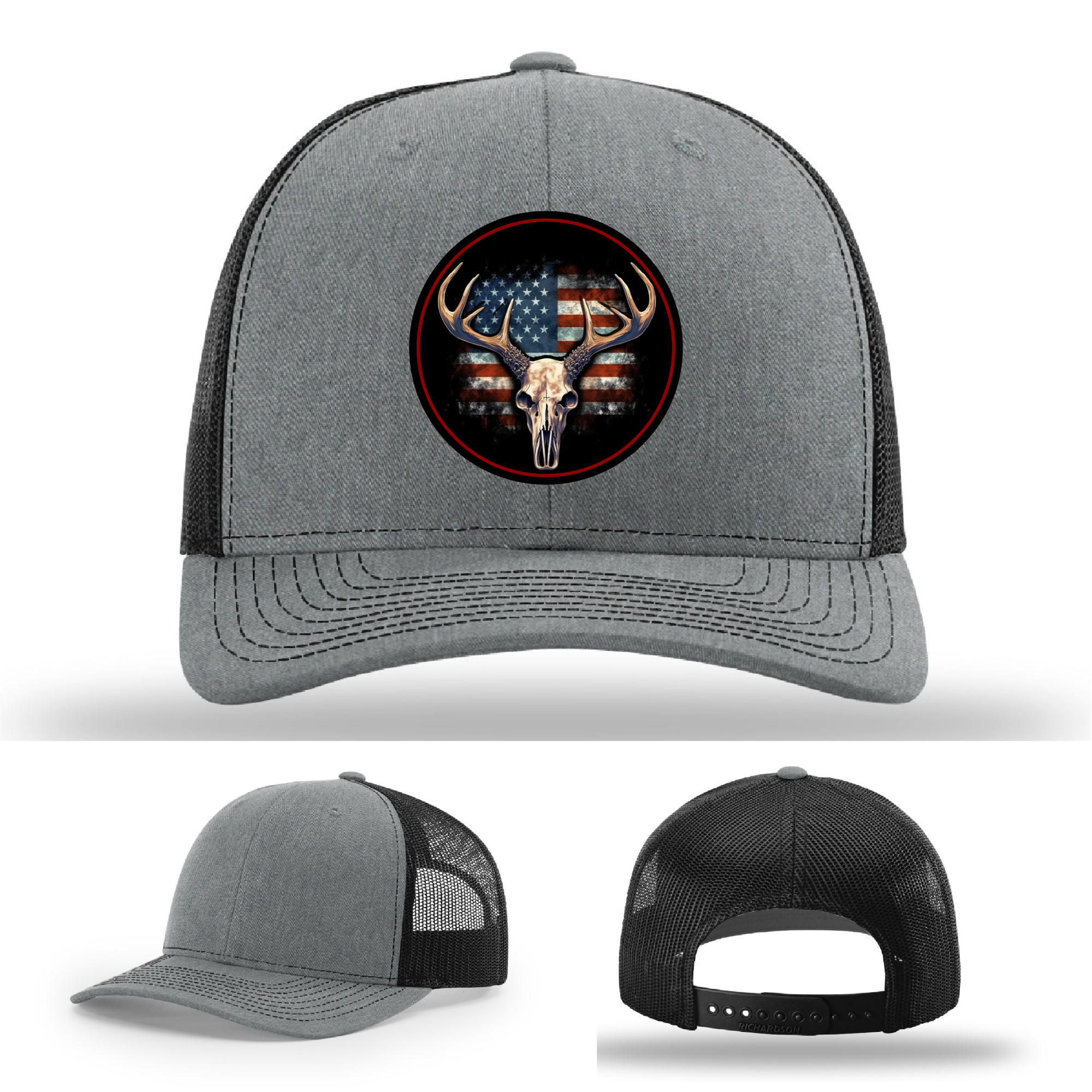 USA hunting hat logos – leather patch deer skull variants on Richardson styles