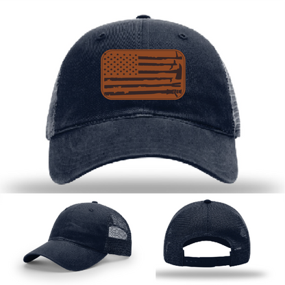 Leather patch firefighter hat – Richardson cap with fire tool American flag design