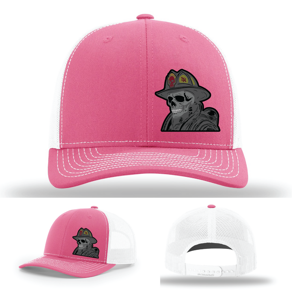 Helmet logo patch variants – firefighter skull styles on Richardson leather hats