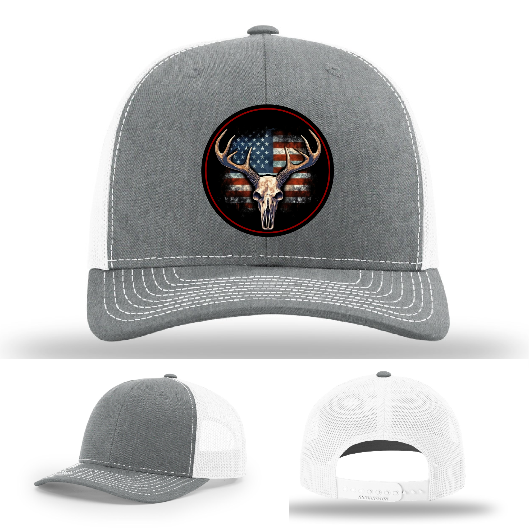 American flag deer hunting patches – leather logo variants on Richardson hats