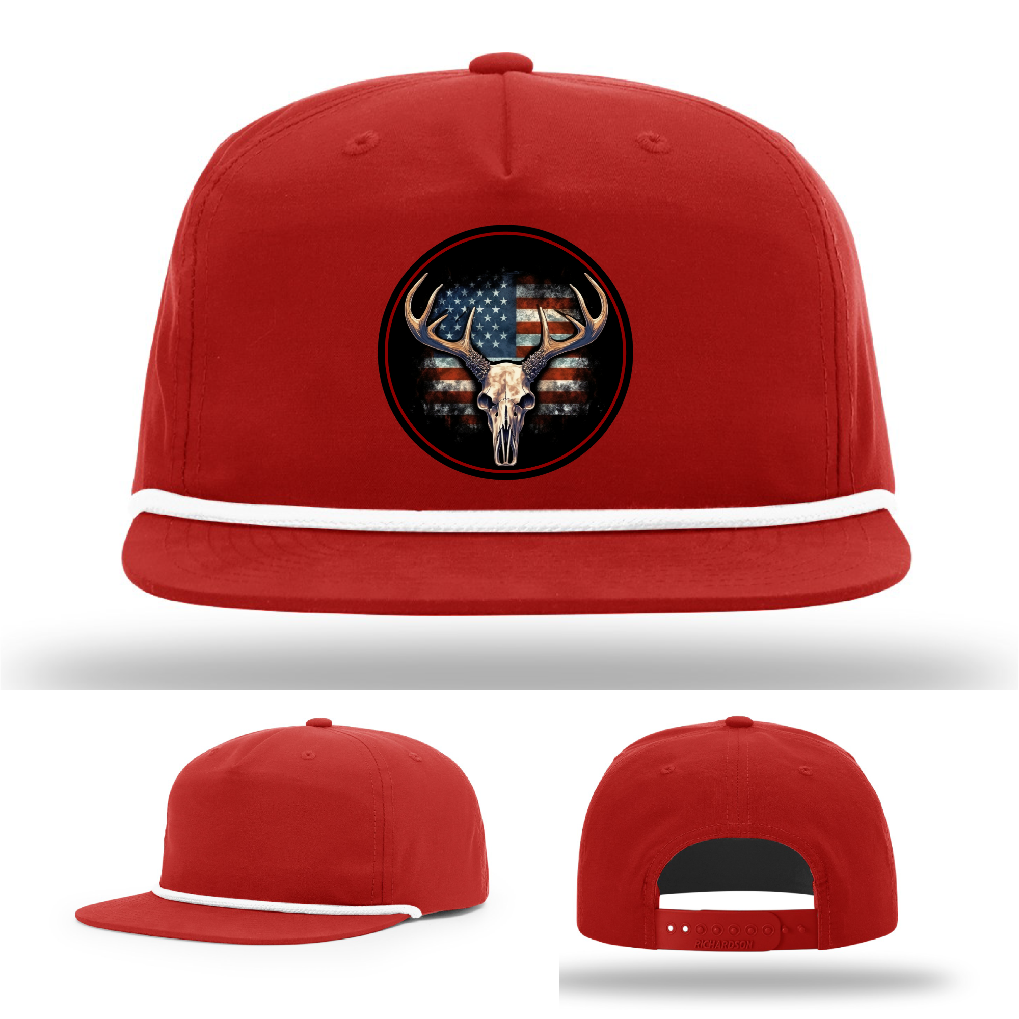 Buck skull logo variants – hunting patches with USA themes on Richardson leather patch hats