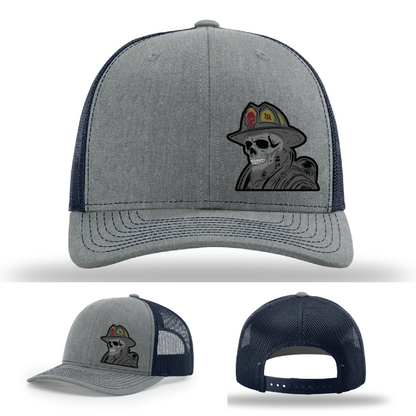 Skeleton fire helmet patch variations – on Richardson firefighter hats