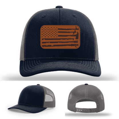 Leather patch firefighter hat – Richardson cap with fire tool American flag design