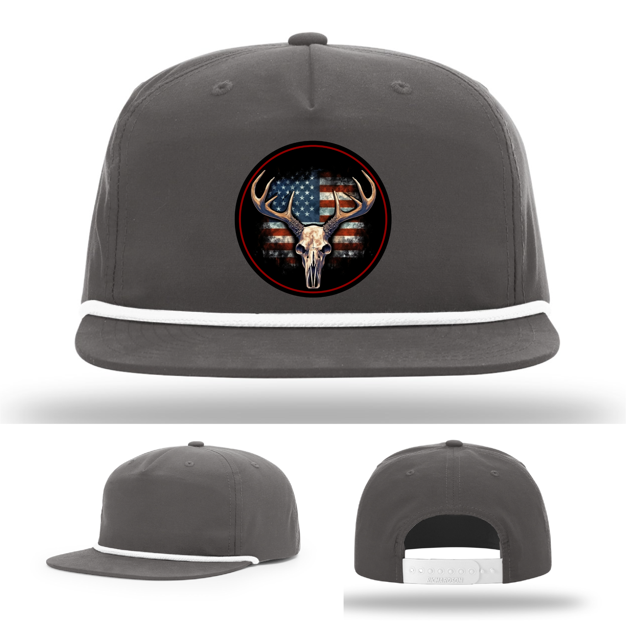 Leather patch hat variants – patriotic deer hunting logos featured on Richardson gear